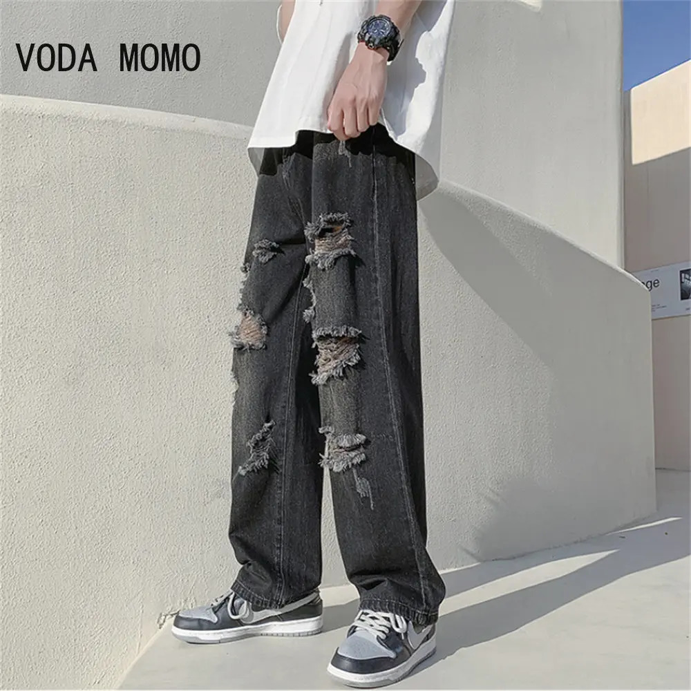 Summer Blue Black Ripped Jeans Men Fashion Casual Wide Leg Jeans Mens Streetwear Loose Hip Hop Straight Hole Denim Pants Men 250611