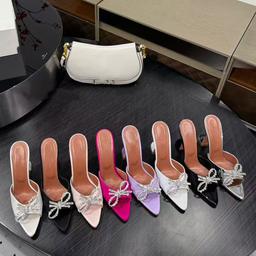 Rosie Bow Crystal-Embellished point toe Mules sandals Spool Heel Slipper spool Heels shoes women's Luxury Designer Evening Party shoe factory footwear with box