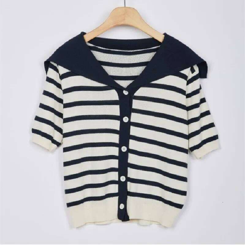 Korean Ice Silk Striped Knitted Sweater Tops Women 2023 Summer Short Sleeve Sailor Collar Knitwear Fashion Workwear Ladies Jumpe
