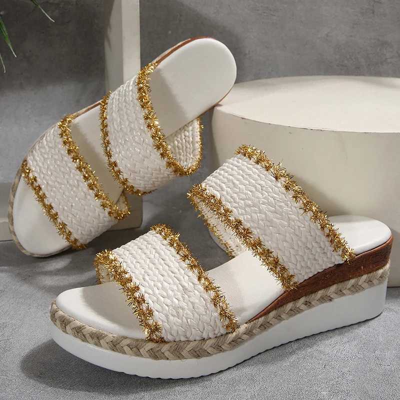 Vintage Woven Wedge Heeled Slippers Women Summer Plus Size 36-43 Thick Bottom Sandals Woman Comfort Platform Beach Sandals Mujer XJ250610