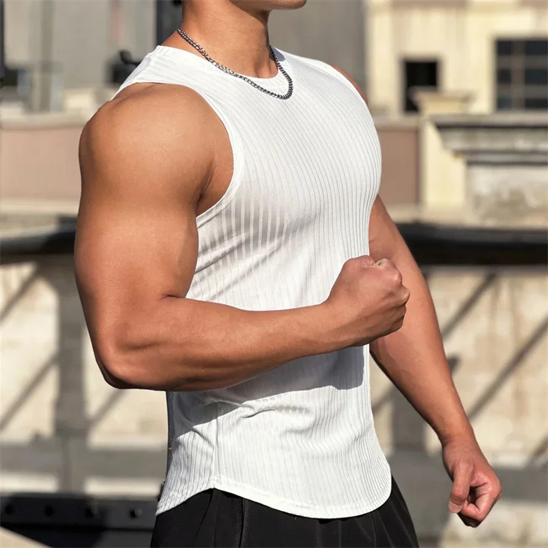 2025 Summer men Vest gym Tank top Men Fitness sleeveless shirt Male Elastic stripe Sports vest Undershirt Gyms 250609