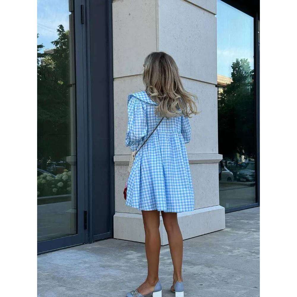 Blue Plaid Women Casual Mini A-line Dress Loose Lapel Half Sleeve High Waist Dresses 2025 Summer Lady Beach Holiday Streetwear