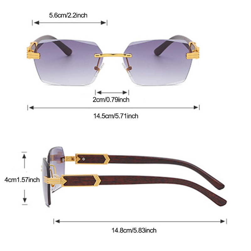 Women Luxury Rimless Sunglasses Rectangle Anti UV400 Color Lens with Wooden Grain Leg Unisex Retro Shades