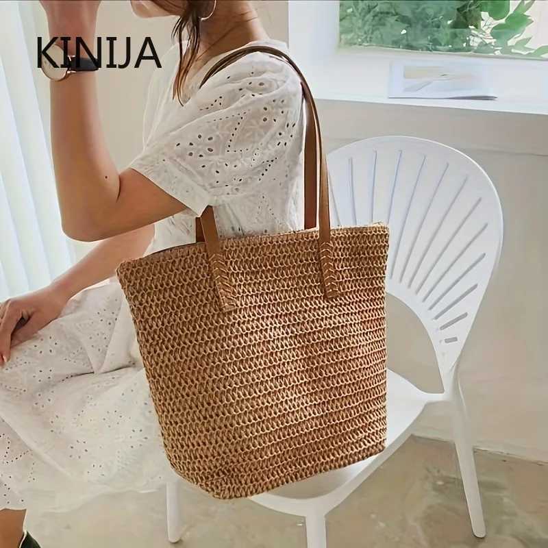 Korean Commuter Large Capacity Straw Woven Shoulder Bag Female Simple Summer Beach Vacation Handmade Basket Bag Travel Tote Bag XJ250610