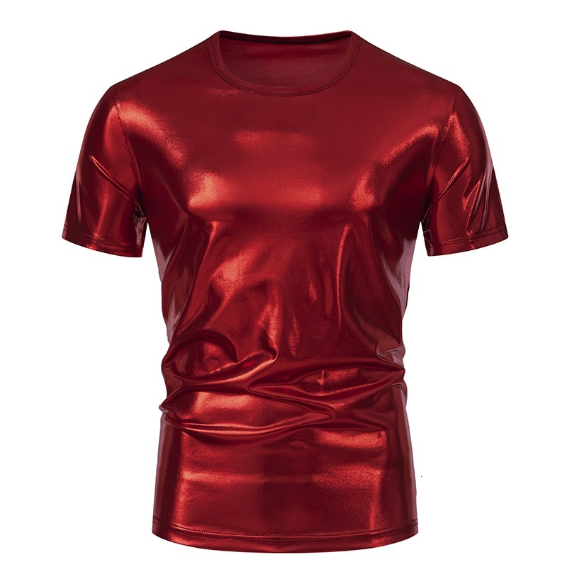 Men's Summer Short Youth Nightclub Glossy Slim Fit Five-Quarter Sleeve Crew Neck T-Shirt