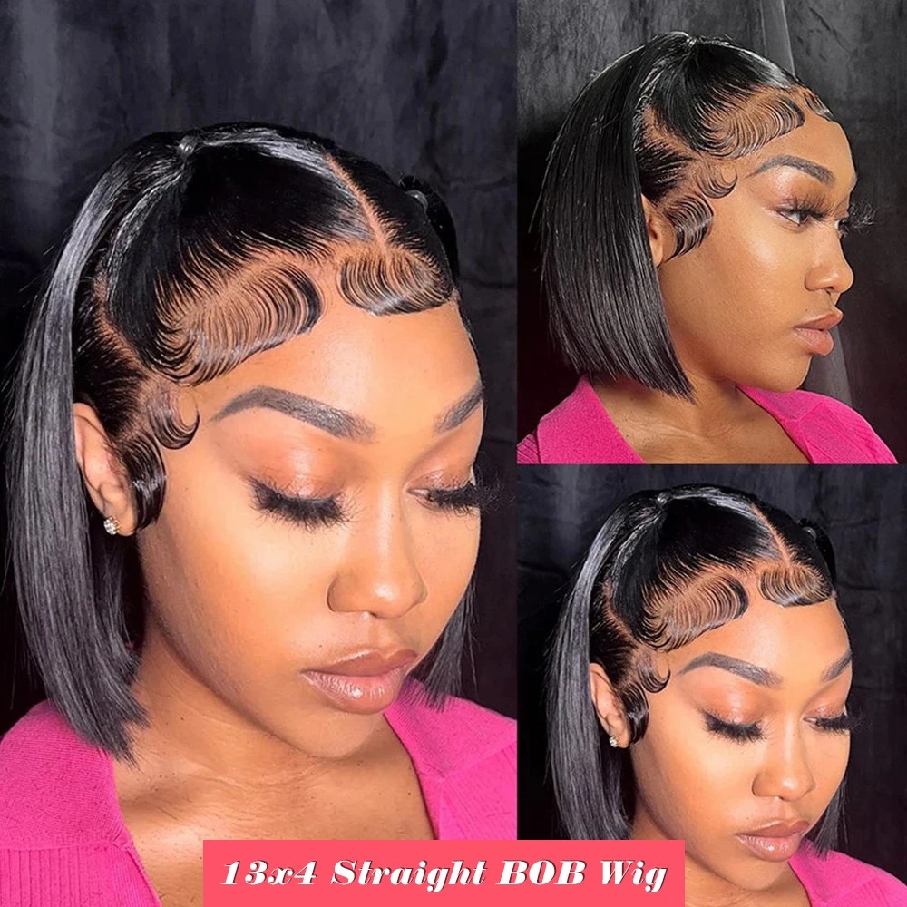 Bob Lace Front Wig Human Hair Straight 180% Full Density 13x4 HD Transparent Lace Frontal Wigs bob hair For Women Synthetic