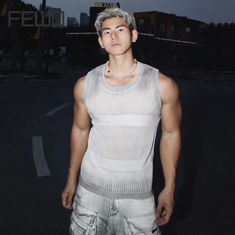 FEWQ Niche Mens Vests Round Collar Tie Dye Worn-out Gradient Color Sleeveless Knitting Casual Male Tank Tops 24K4318 250611