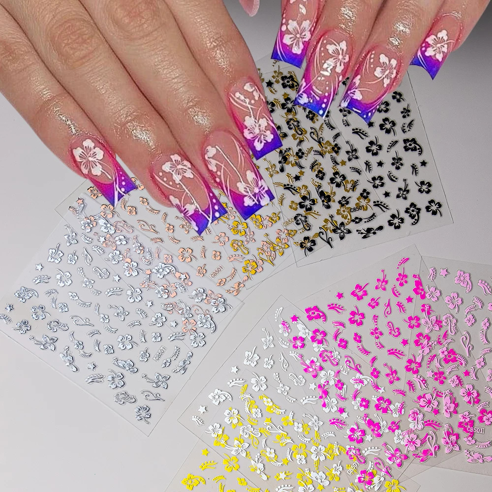 1pc 3D Hibiscus Flowers Nail Sticker White Black Flower Petals Adhesive Decals Pink Golden Floral Slider For Art Decoration 250605
