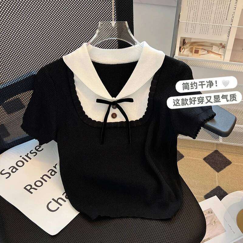 Black Elegant Slim Knit Sweater Tshirt Women 2023 Summer Short Sleeve Bowtie Crop Tops Pullover Stylish Fashion Vintage Knitwear