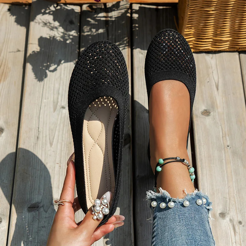 Women Round Toe Flat Shoes Solid Color Knitted Slip on Shoes Casual Breathable Ballet Flats Women Flat Shoes Loafers Women 250609