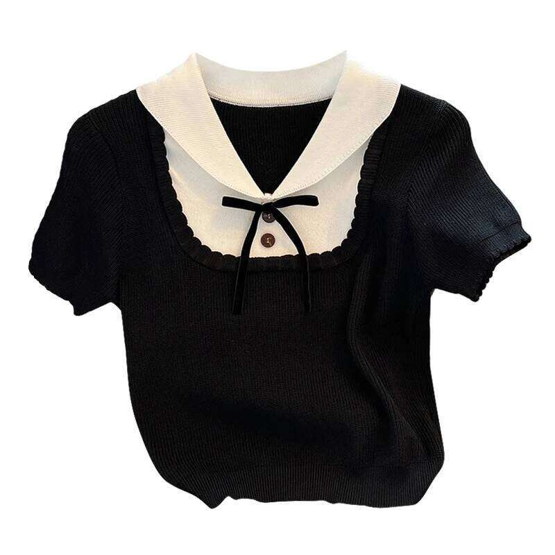 Black Elegant Slim Knit Sweater Tshirt Women 2023 Summer Short Sleeve Bowtie Crop Tops Pullover Stylish Fashion Vintage Knitwear
