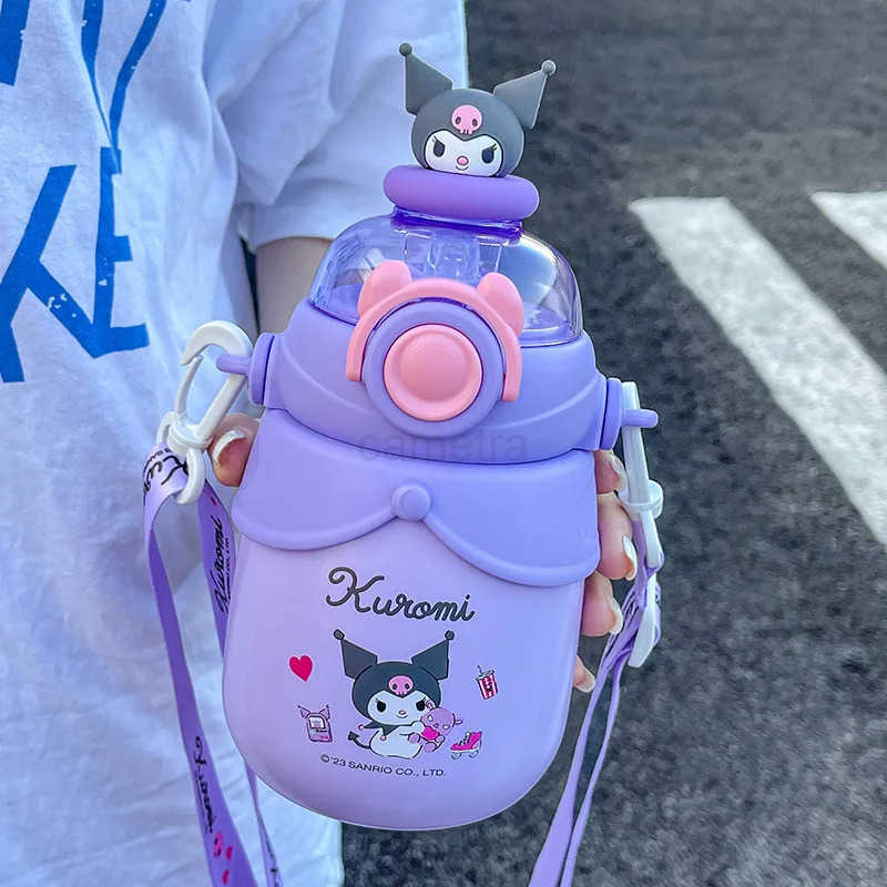 Sanrio Vacuum Cup Large Capacity Straw Stainless Steel Water Bottle Children School Portable Shoulder Thermos Cup Hello Kitty Girl Cute XJ250611