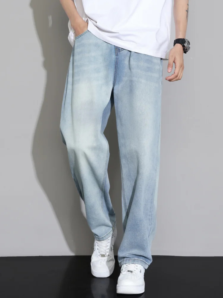 Spring Summer Loose Jeans for Men Light Blue Straight Wide-leg Embroidered Fashionable Casual Denim Long Pants Male 250611