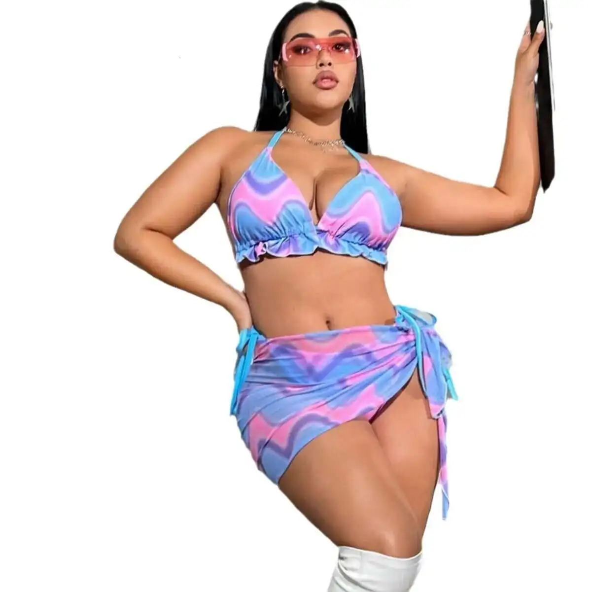 Large Size Split Swimsuit Womens Sexy Bikini Three Piece Set with Printed Colors Elegantes Casual Y2k 250530