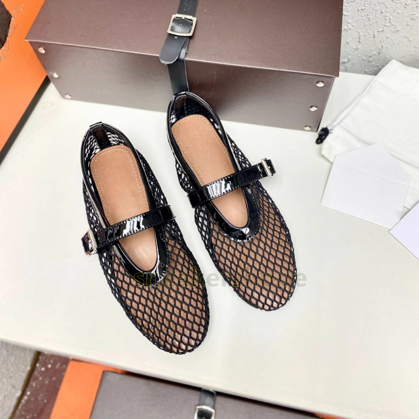 mesh hollow ballet flats heels mary jane loafers womens fashion summer women shoes balck white fishing net weaving buckle designer sandals size 35-43