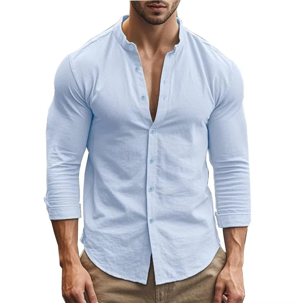 Spring and Summer Mens Shirt Cotton Linen Slim Casual Hawaii Solid Colour Basic Style Breathable Mens Versatile Tops 250611