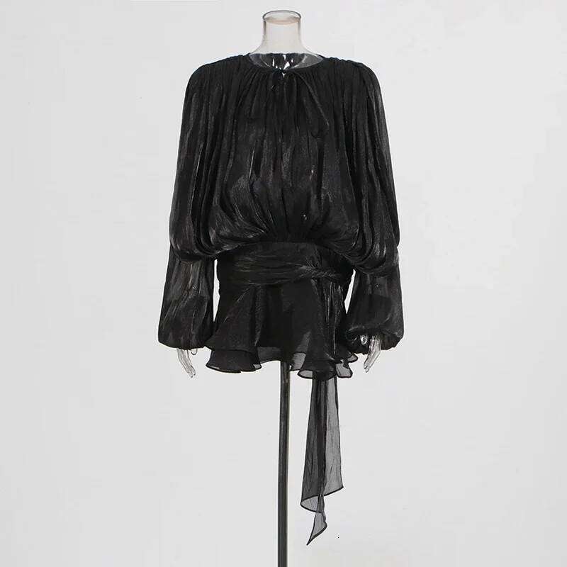 Solid Patchwork Lace Up Blouse Mini Dresses For Women V Neck Long Sleeve Sweet Style Dress Female Clothing Fashion 2025 New