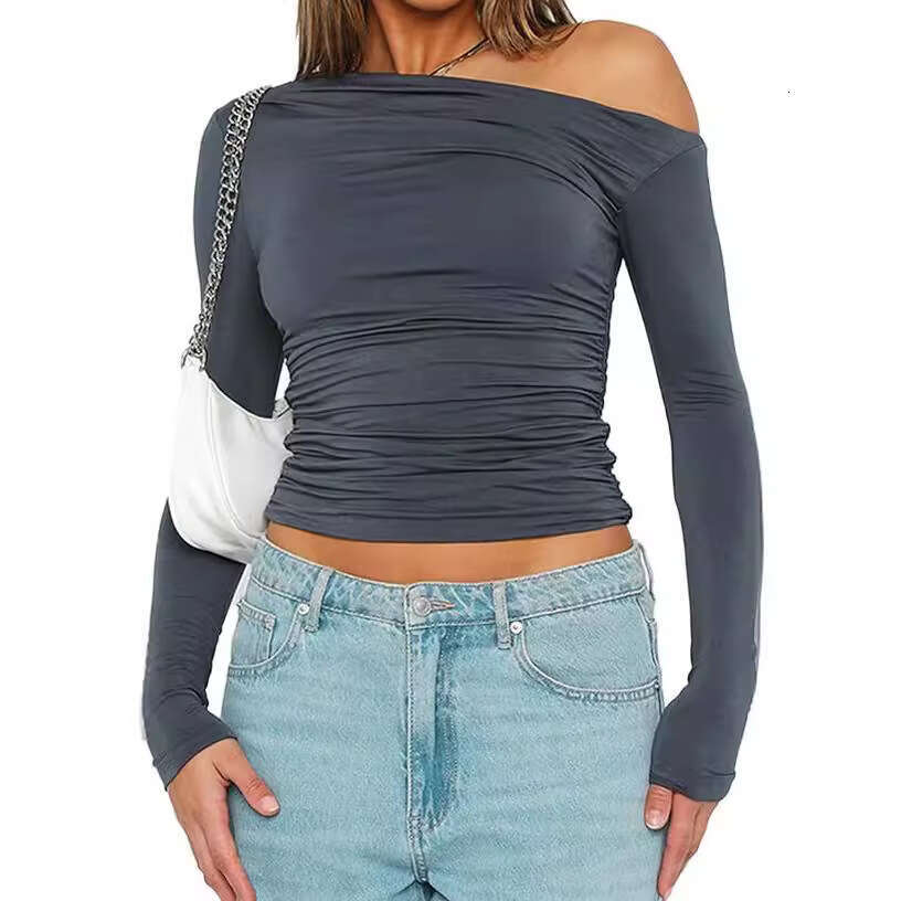 Women's Unique Asymmetric Shoulder Long Sleeve T-Shirt Hot Girl Outdoor Base Shirt Slim Fit Pullover Off-Shoulder Top B5