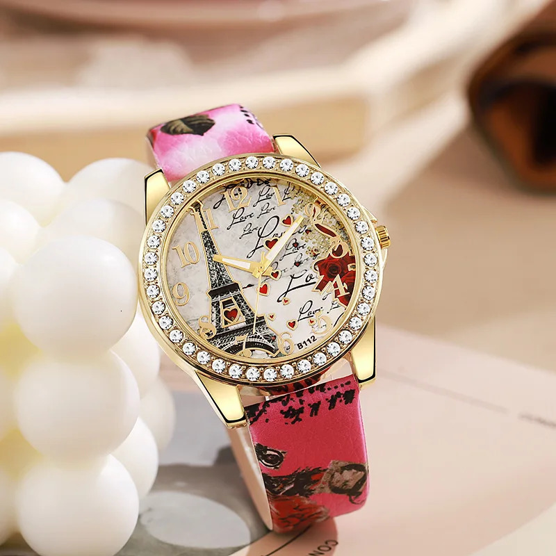 Fashion Large Dial Ladies Quartz Watch Romantic Eiffel Tower Women Leather Clock Gift Dress Watches 250606
