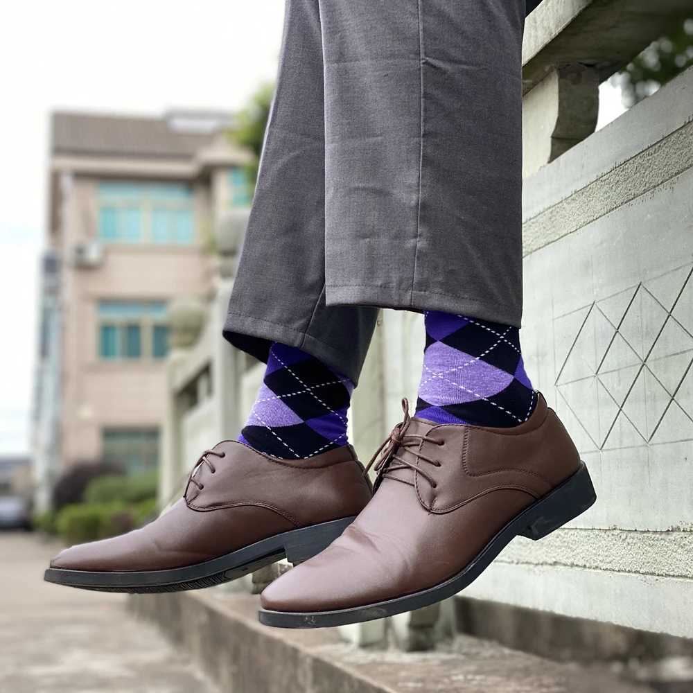 5pairs Mens Cotton Argyle Color Block Soft Crew Socks Mens Business Socks Multicolor Set Z250610