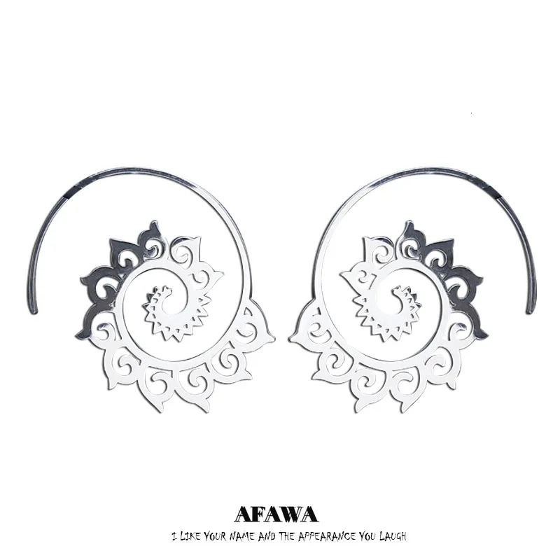 Indian Tribal Ethnic Stainless Steel Spiral Hoop Earrings Bohemian Mandala Flower Boho Earrings Women Jewelry aros mujer E9205 250610
