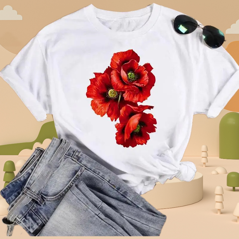 Print Fashion Watercolor Spring Flower Designer T-shirts Women Cartoon Short Sleeve Graphic Tops Summer 100% Cotton O-neck Female Clothing 2025 New