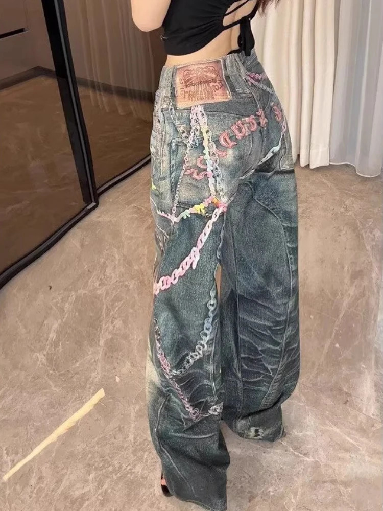 Korean Candy Chain Print Straight Leg Jeans Womens Harajuku Streetwear Y2k Baggy Jeans Hip-hop Retro Punk Wide-leg Pants Unisex 250611