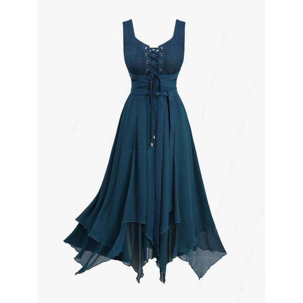 ROSEGALPlus Size Grommets Lace Up Textured Patchwork Ruffles Asymmetrical Dress With Belt