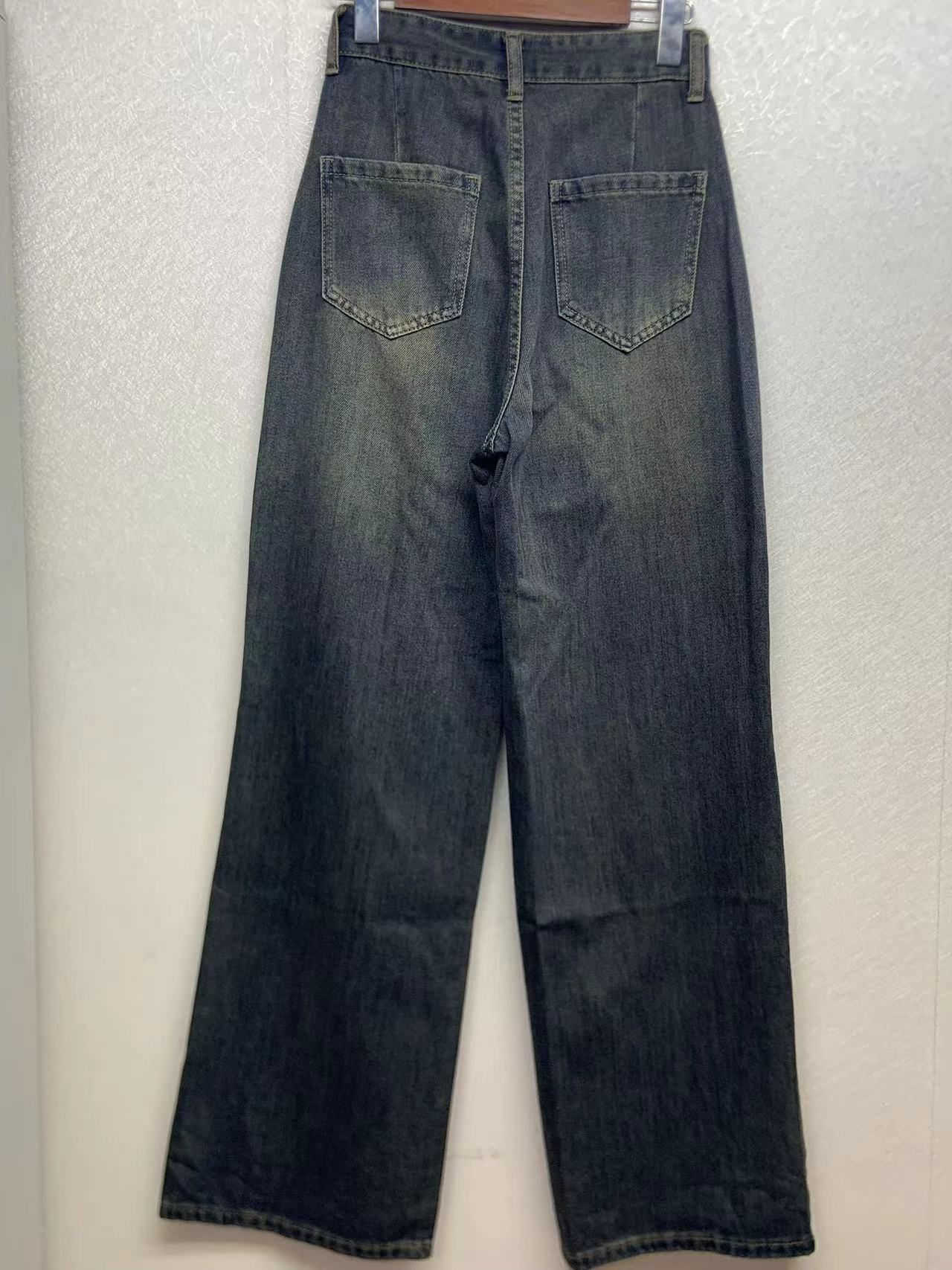 Factory customized wholesale vintage fashion high waist pleated wide leg jeans 24-0810