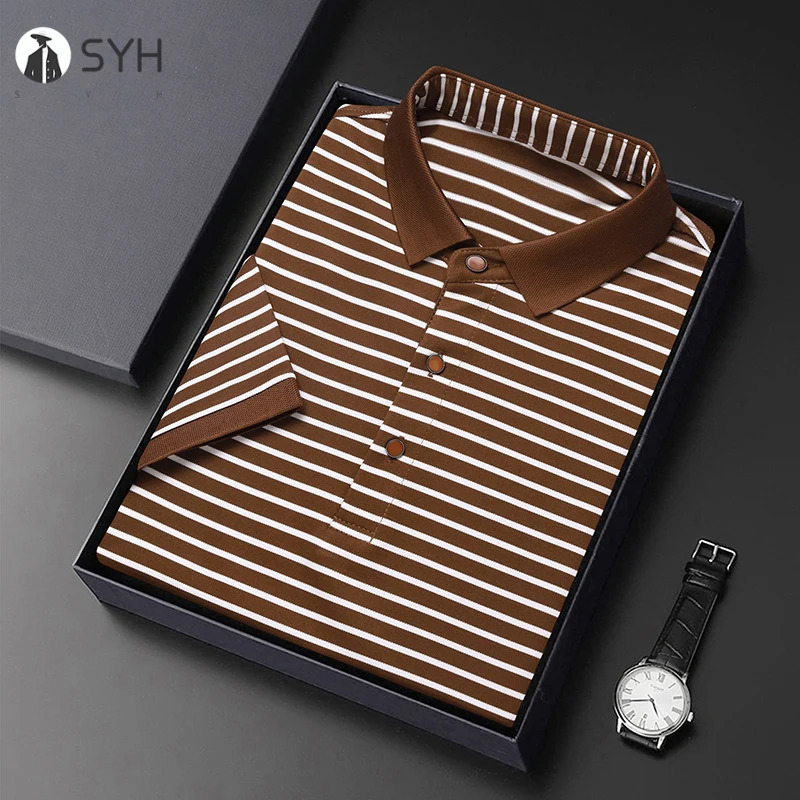 Mens Striped Cotton Business Casual Short Sleeve POLO Shirt Fashion Comfortable and Breathable Top 250610