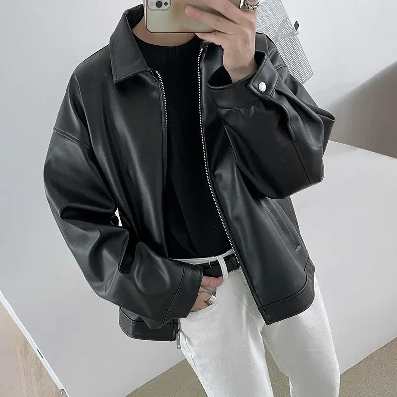 Spring Autumn Cool Short Black Soft Light Pu Leather Jacket Men Zipper Casual Mens Jackets and Coats Fashion 250611