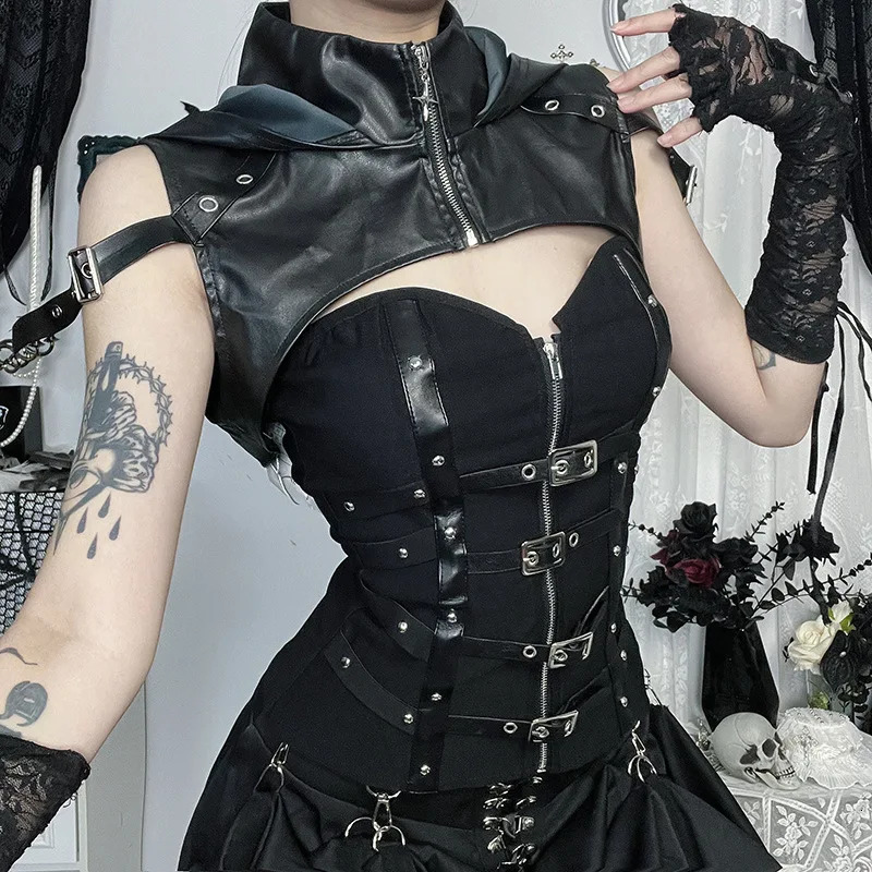 Goth Dark Punk Style Sleeveless Zip Hooded Crop Tops Women Cyber Y2K Faux Pu Leather Hoodies Smock Mall Gothic Streetwear 250610