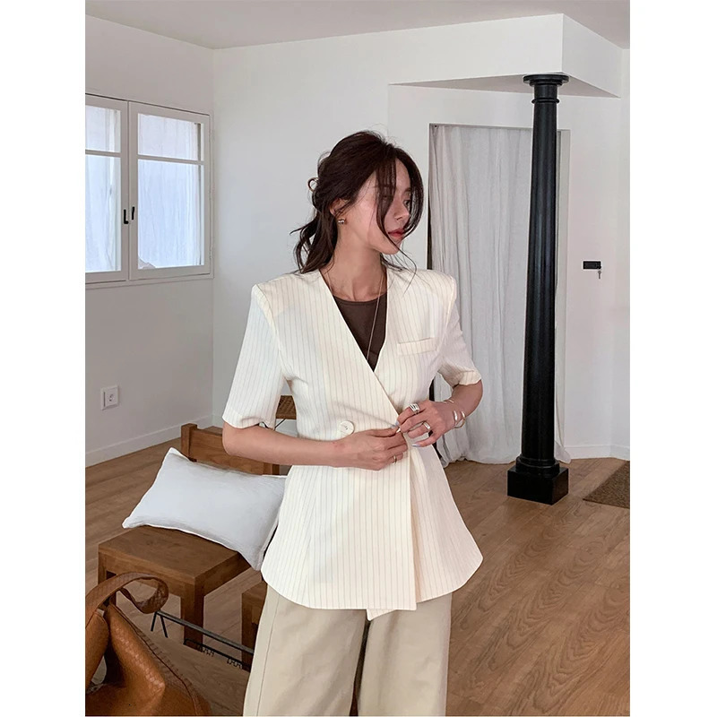 Elegant Striped Blazer Women Fashion Black Lace Up Suit Jackets Korean V Neck Outerwears Summer Office Ladies Short Sleeve Coats 250610