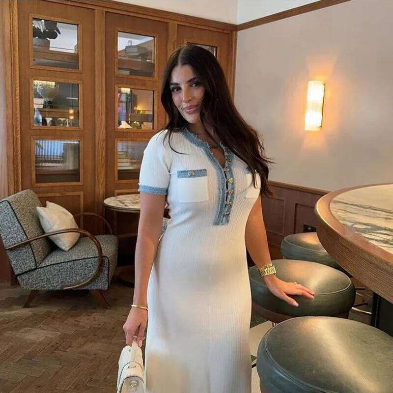 French Elegant White Maxi For Women 2025 New Pleated Patchwork Knitted Mini Dress Socialite Chic Graceful Outfit