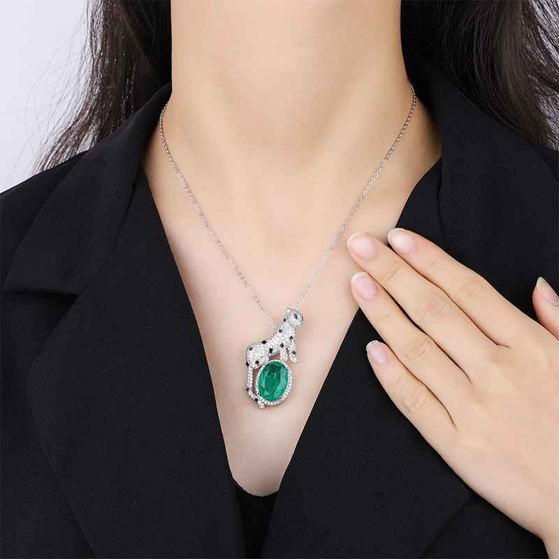 S925 Silver Faux Colored Gemstone Leopard Shaped Luxury Pendant Necklace, 13x18mm Main Stone, Fashionable Elegant Design, Perfect Women's Jewelry