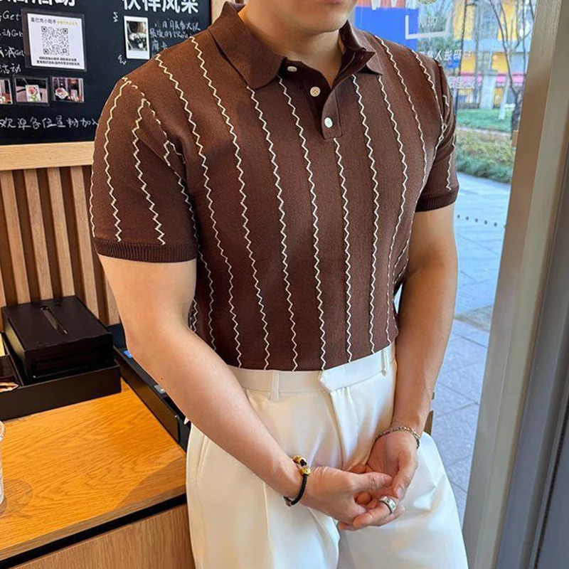Spring Summer Casual Mens Polo Shirt Vintage Striped Crochet Buttoned Neck Knit Tops Men Fashion Slim Fit Polos 250610