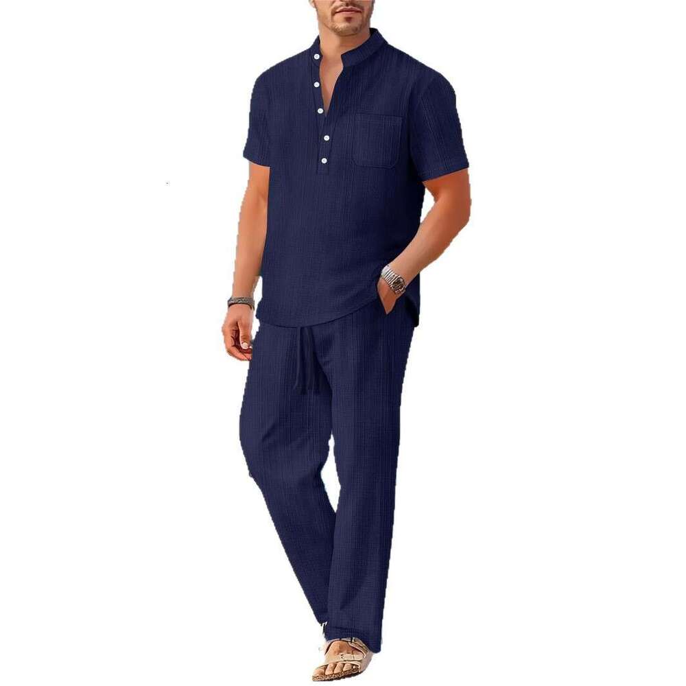 Spring/Summer New Men's Loose Casual Imitation Linen Short Sleeve Long Pants Set B5