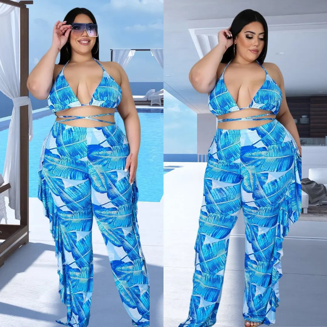 Big Size Womens Sexy Hollow Out Ruffle Printed Wide Leg Pants Two Piece Bikini Set 250530