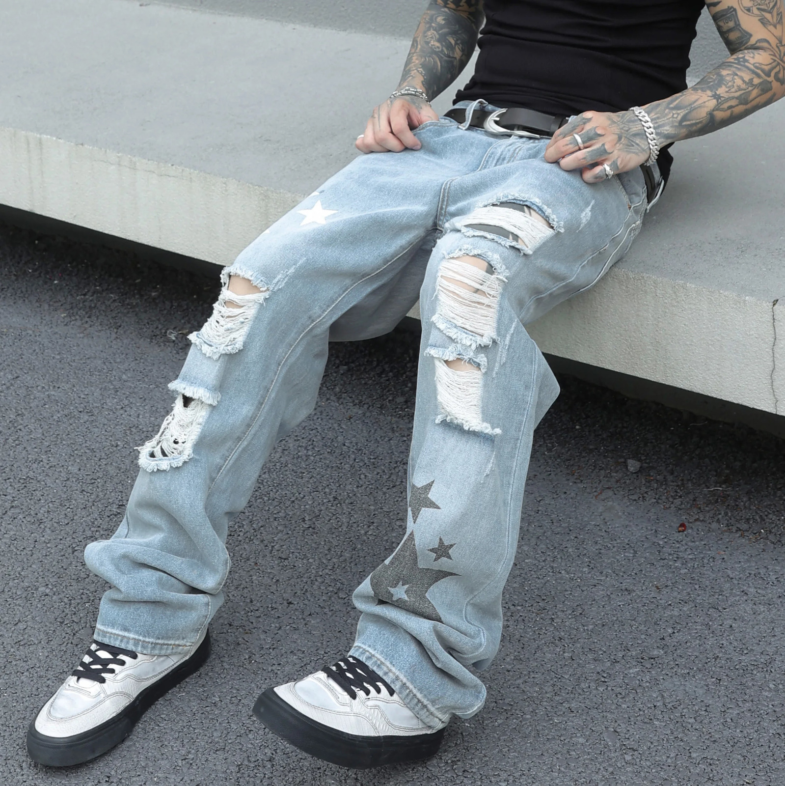 Mens Light Blue Distressed Jeans with Star Print Baggy Fit Streetwear Style Spring and Summer Fashion 250611