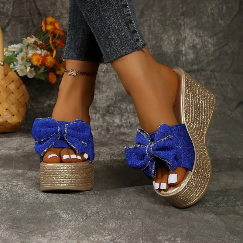 Fashionable high-heeled slippers elegant summer bow casual and comfortable large-sized high-quality wedge heel womens shoes 250609