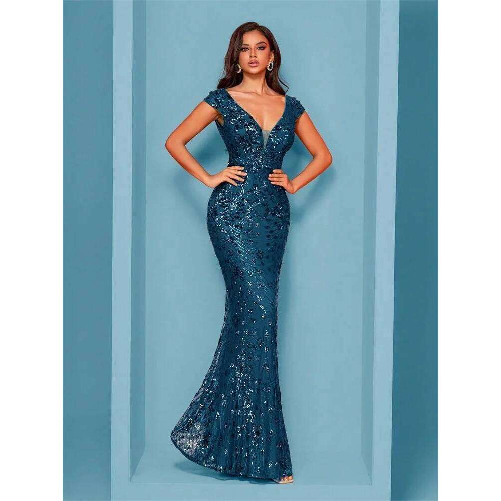 Elegant Blue Evening Dress For Women Long 2025 Mermaid Formal Sequins Prom Wedding Party tail Dresses