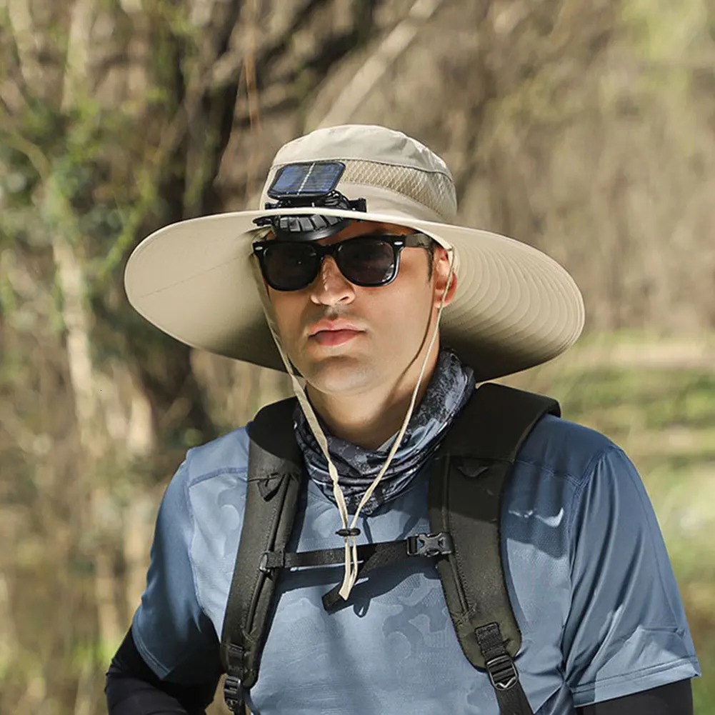 Solar Fan Hat Outdoor Fishing Hat Sun Hat with 2 Solar Fan Wide Brim Bucket Hat for Men Outdoor Camping Fishing Hiking 250529