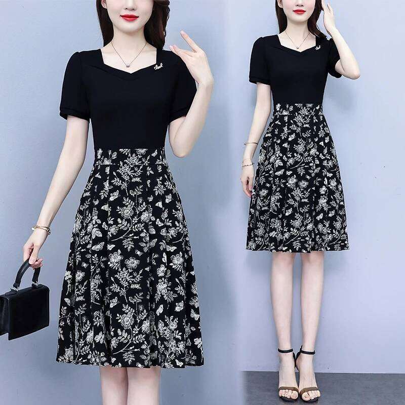 Elegant Fashion Floral Printed Slim Short Sleeved Women Dresses 2025 Summer Fake Two-piece OL Dress