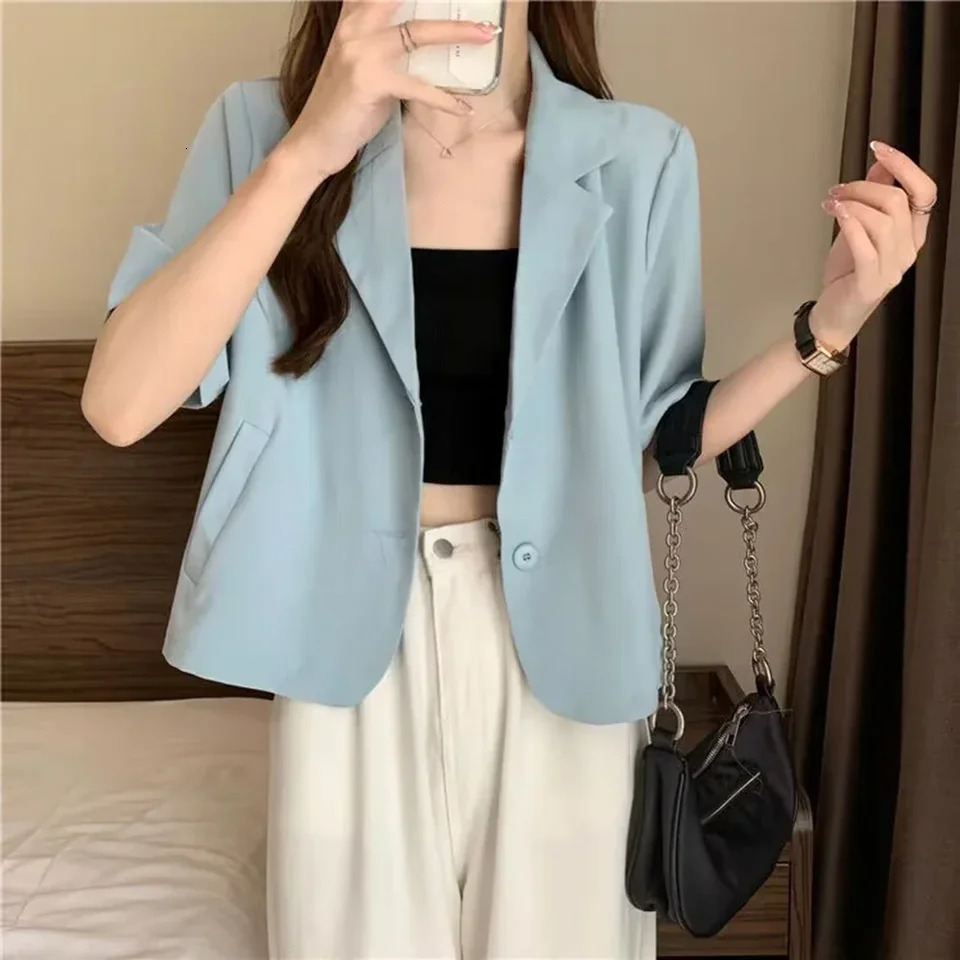 Summer Blazers Women Medium Elasticity Polyester Short Sleeves Single Breasted Solid Color 250610