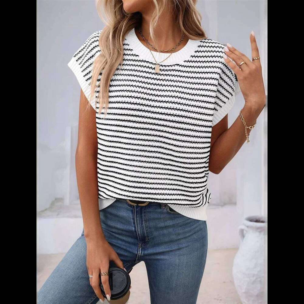 Women'S Sweater Vest Striped Pullover Tank Top Round Neck Cap Sleeve Lightweight 2025 Summer Casual Clothes