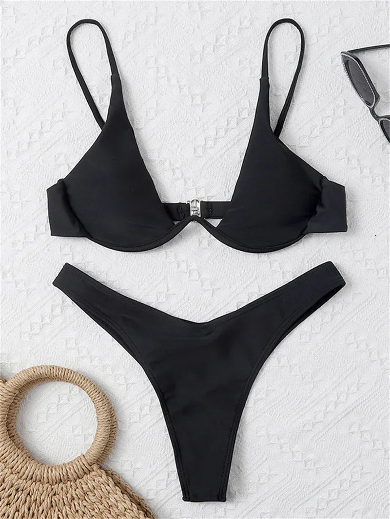 Sexy Underwire Bikini Mujer Women Solid Red Push Up Bra Thong Swimsuit Haler V Neck Bathing Suit Mini Micro Swimwear 250609