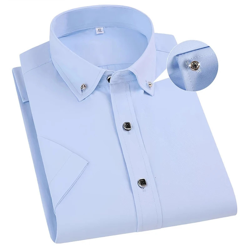 Fashion Formal Blue Shirt For Mens Short Sleeved Slim-Fit Business Classic Basic Diamond Button Wedding Social Shirts Male 250611