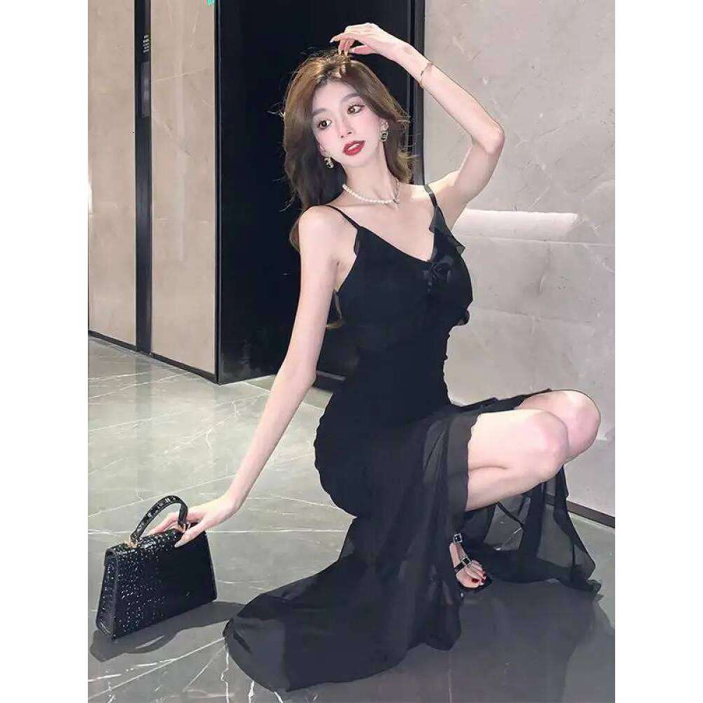 Summer 2025 Black Mesh Elegant Ruffle Edge Pleated Irregular Evening Dress Women Sleeveless High Waist V Neck Slip Long Dresses