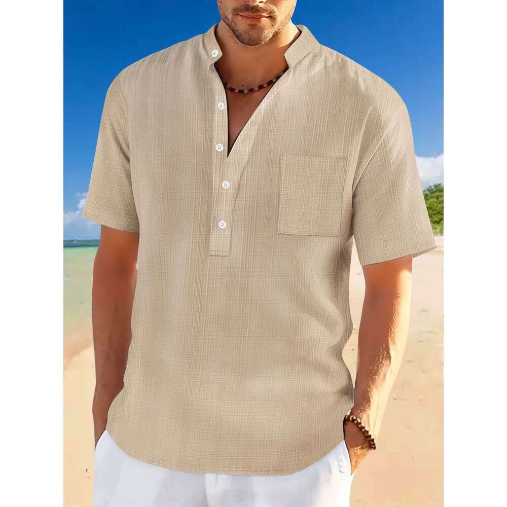 Spring Summer Men's Stand Collar Short Sleeve Loose Casual Vacation Henley Shirt Men B5