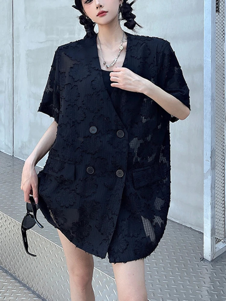 UCXQ Casual Blazer For Women Vneck Short Sleeve Jacquard Hollow Out Patchwork Versatile Female Suit Coat 23Z1497 250610